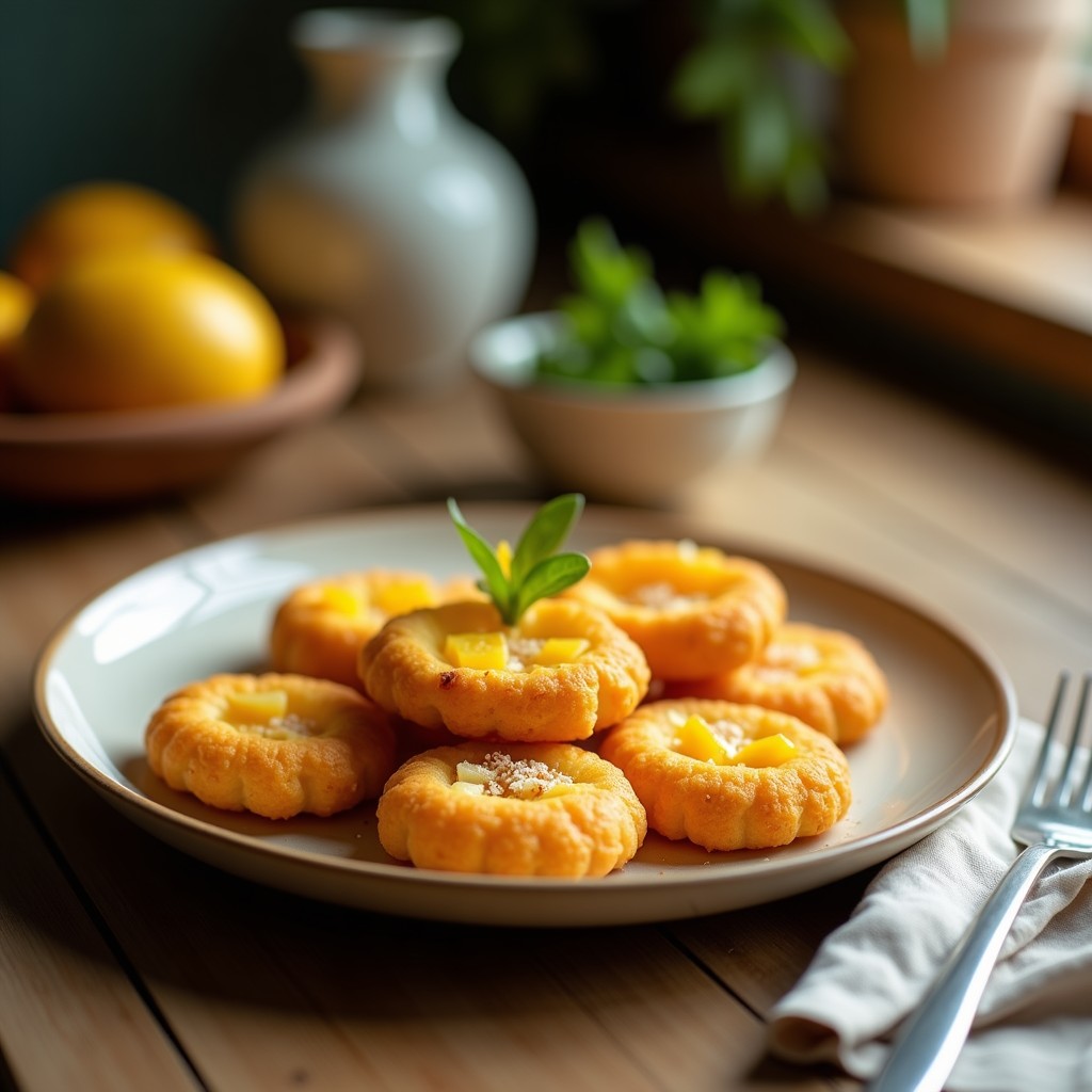 Galletas doradas y crujientes de semillas de lino con trocitos de mango deshidratado, apiladas en un plato de madera rústico con semillas de sésamo espolvoreadas, snack vegano rico en fibra.