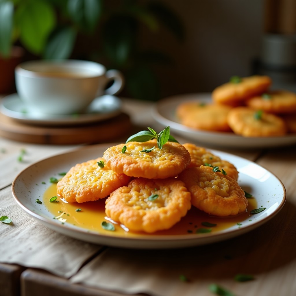 Galletas doradas y esponjosas de harina de teff con trocitos de almendra, dispuestas en una bandeja de madera rústica con un tarro de miel de dátil y un paño de lino al lado, estilo postre etíope tradicional sin gluten.