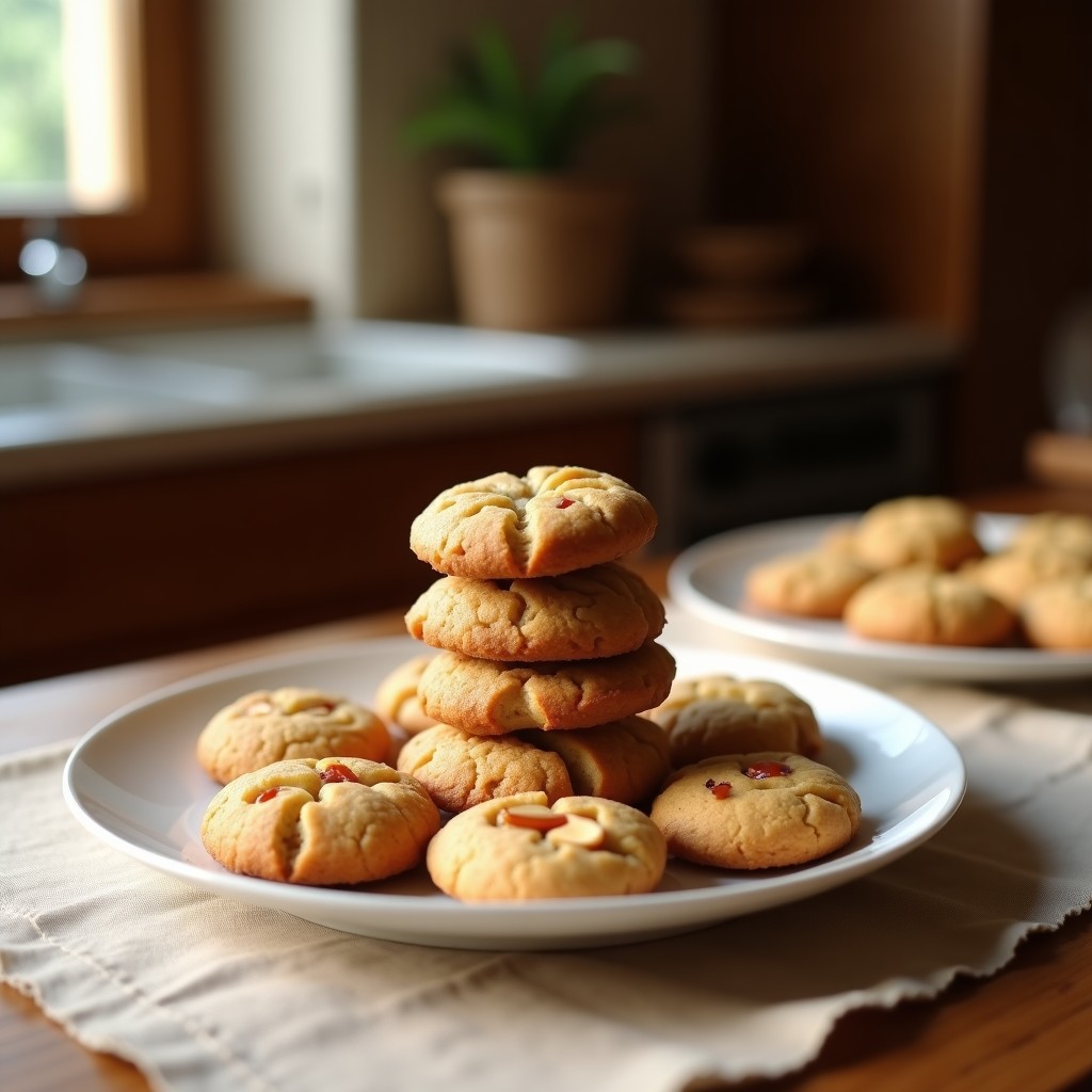 Galletas doradas de harina de trigo sarraceno y mantequilla de almendras, con almendras fileteadas en la superficie, dispuestas en una bandeja de madera rústica sobre papel de horno. Postre francés sin gluten con textura crujiente y aroma a vainilla y limón.