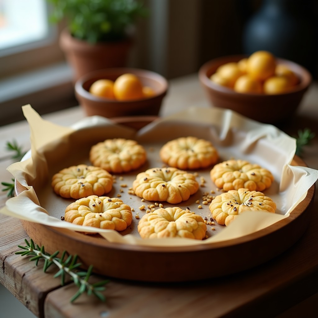 Galletes doradas y crujientes de garbanzo con hierbas provenzales y semillas de sésamo, dispuestas en una bandeja de madera rústica con un ramito de hierbas frescas al lado. Snack francés sin gluten.