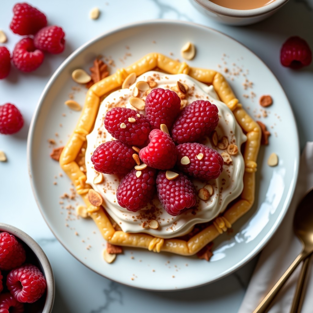 Gallette de arroz inflado dorado con capa sedosa de crema de cacahuete, coronada por frambuesas frescas y coco rallado. Postre francés sin horno con texturas crujientes y cremosas.