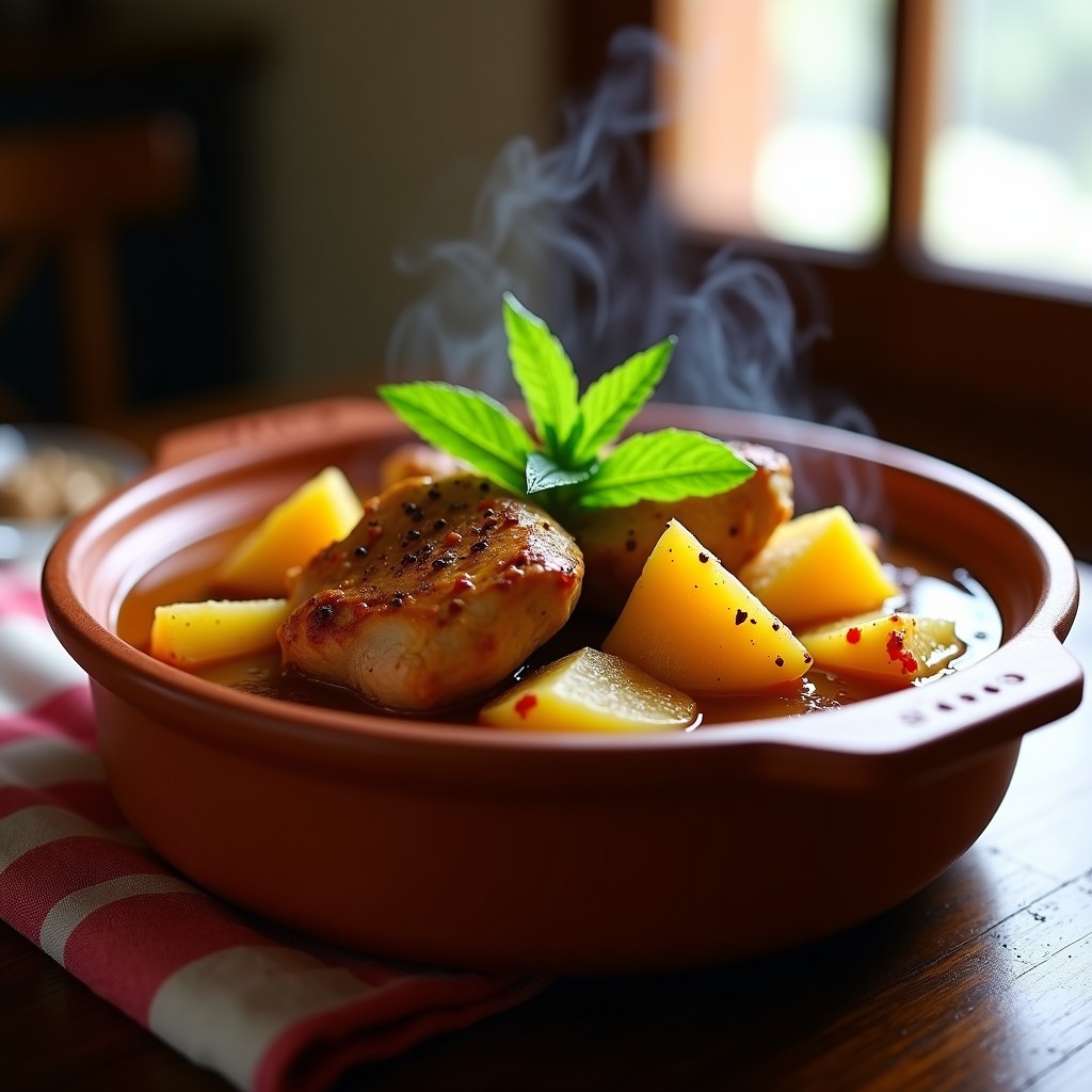 Olla de barro con guiso de gallina andino, trozos de papa amarilla, muslos de gallina dorados y hierbabuena fresca, típico plato peruano reconfortante.