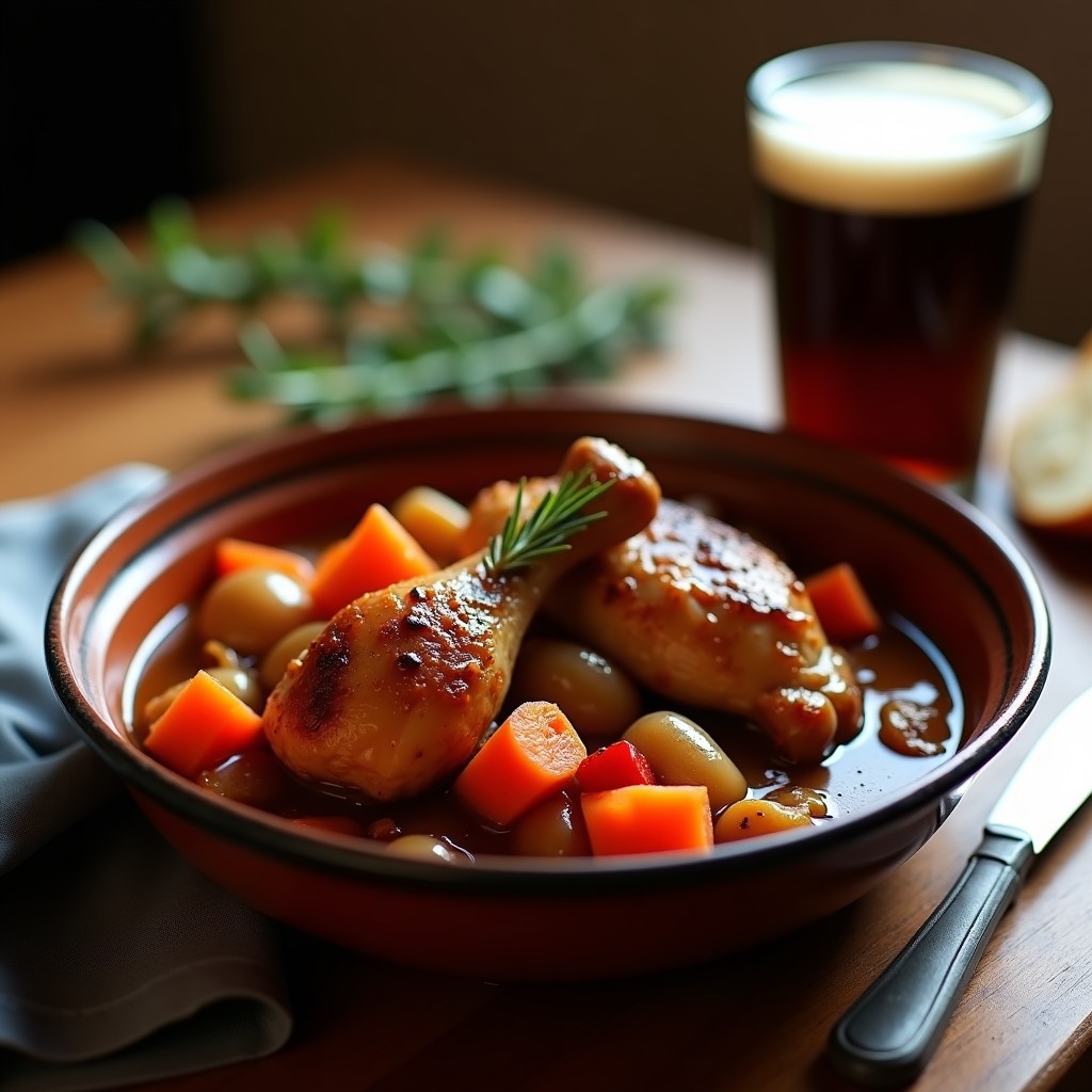 Plato hondo de barro con gallina pintada en cerveza negra, carne dorada y tierna bañada en salsa oscura y espesa, acompañada de zanahorias y cebollas. Receta tradicional en olla lenta.