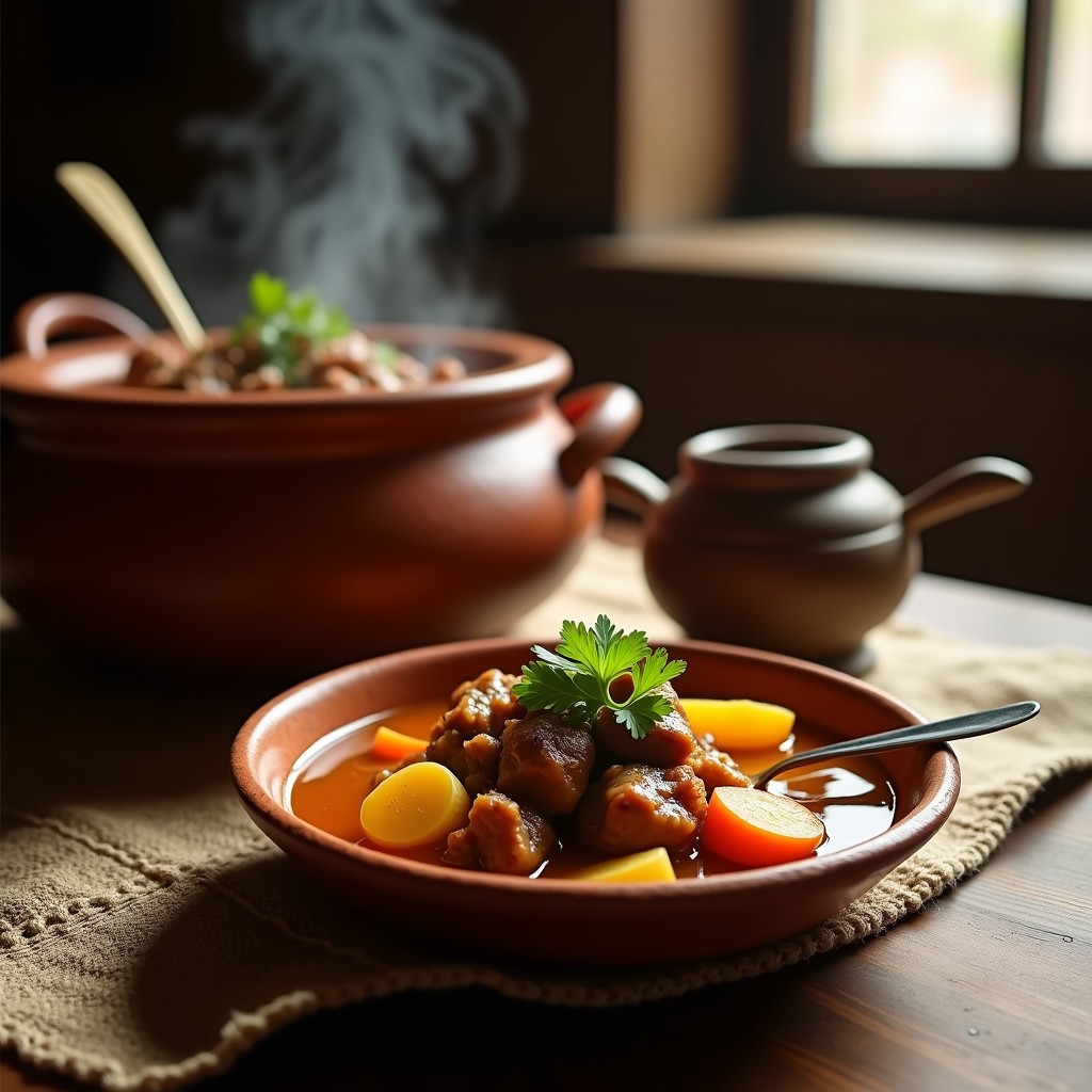 Olla de barro con estofado de gallina pintada, trozos de carne dorada, papas amarillas, zanahorias y cilantro fresco, servido en plato rústico de cerámica.