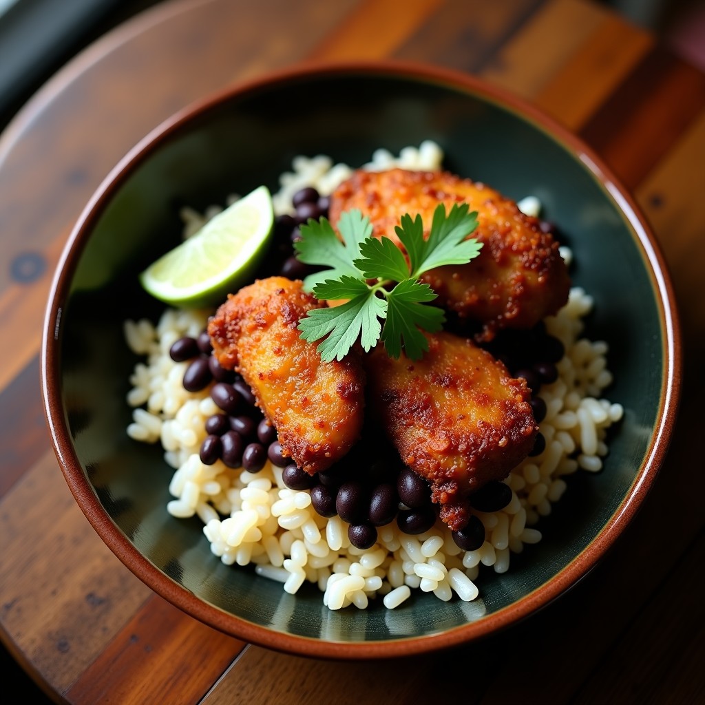 Plato colorido de gallina pinto costarricense servido en un plato hondo de cerámica, con arroz, frijoles negros y trozos de pollo dorado y crujiente, decorado con cilantro fresco y rodajas de limón.