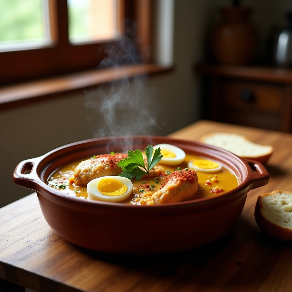 Cazuela de barro con gallinas en pepitoria, trozos de pollo en salsa dorada con almendras, huevos duros y azafrán, servido sobre mesa rústica.