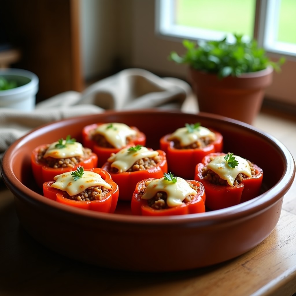 Plato de gallitos de pimientos del piquillo rellenos de carne y arroz, gratinados con queso manchego, servidos en fuente de barro sobre mesa rústica.