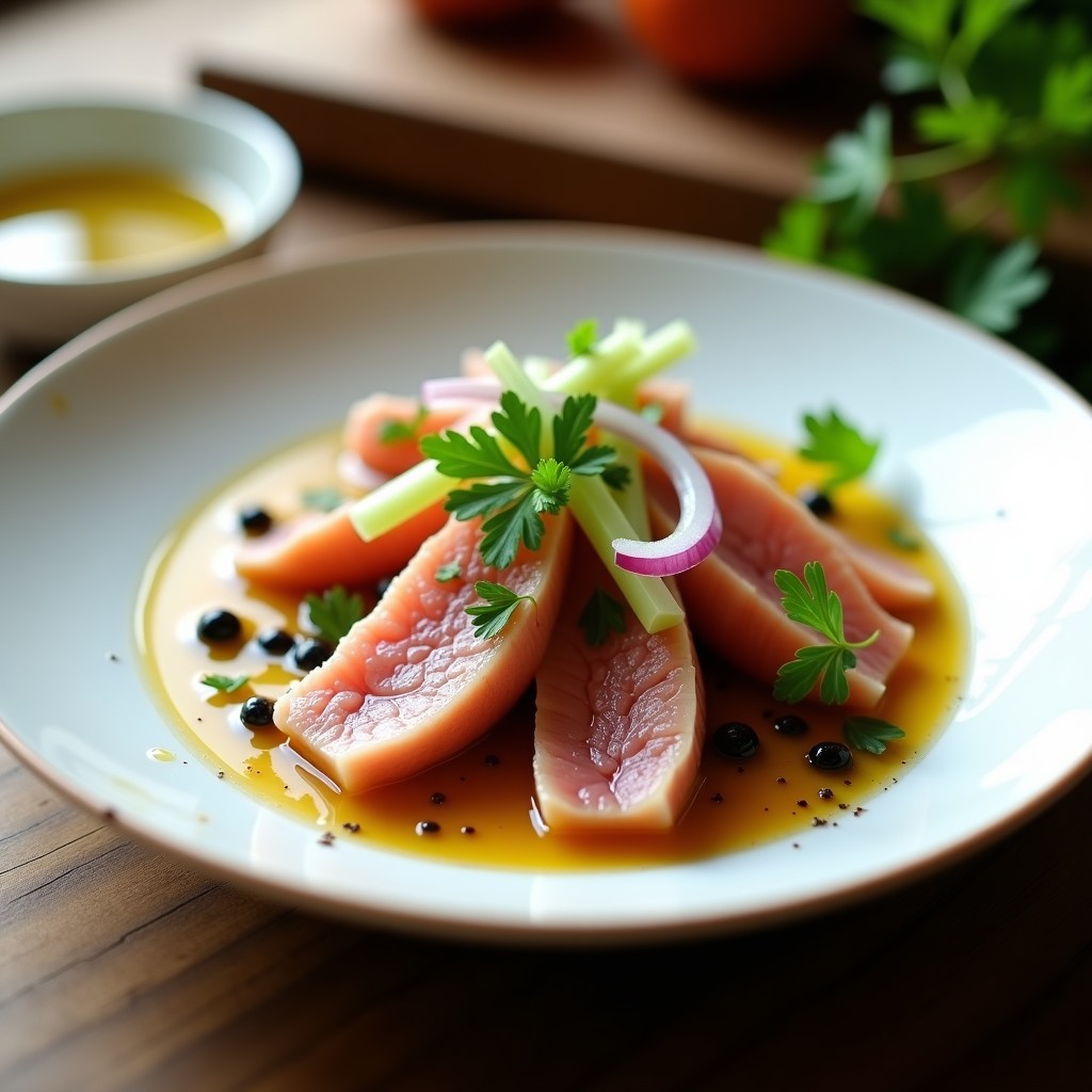 Plato blanco rústico con gallitos de tuna en escabeche andaluz, bañados en líquido dorado con ajo, laurel y pimienta. Acompañados de cebolla morada y apio en juliana, espolvoreados con perejil fresco.
