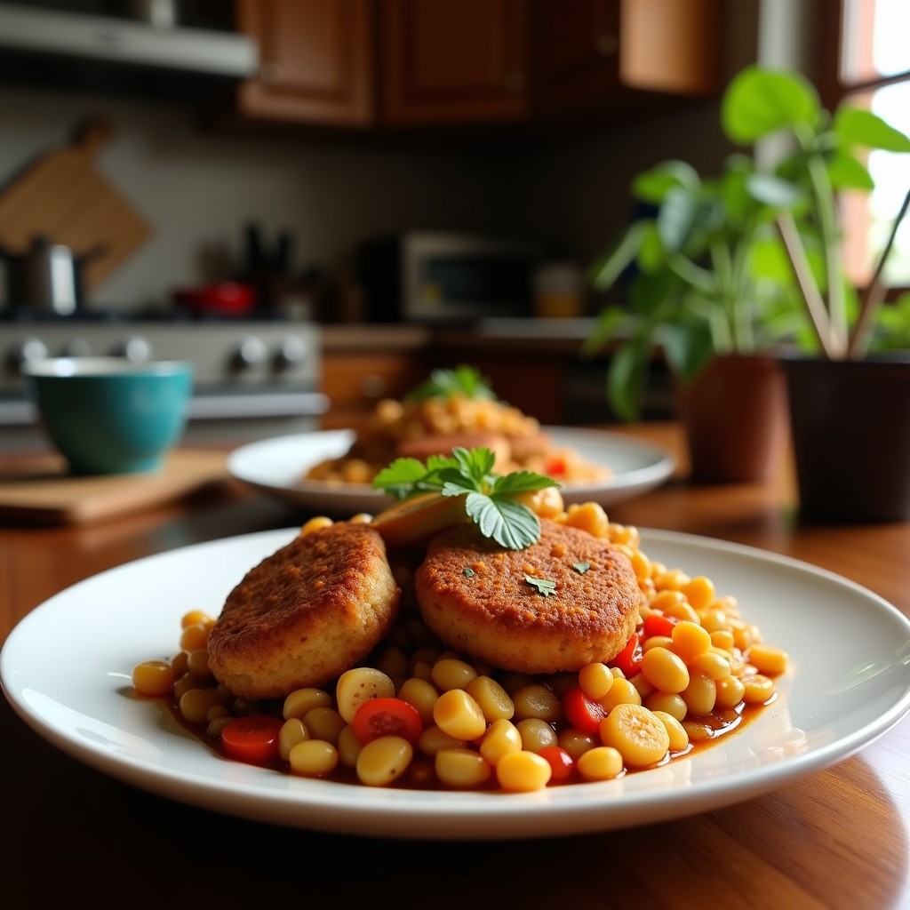 Plato hondo de barro con gallo pinto costarricense en airfryer, mezcla dorada de arroz y frijoles negros con trozos de cebolla morada, pimiento rojo y cilantro fresco, servido con huevo revuelto y aguacate.