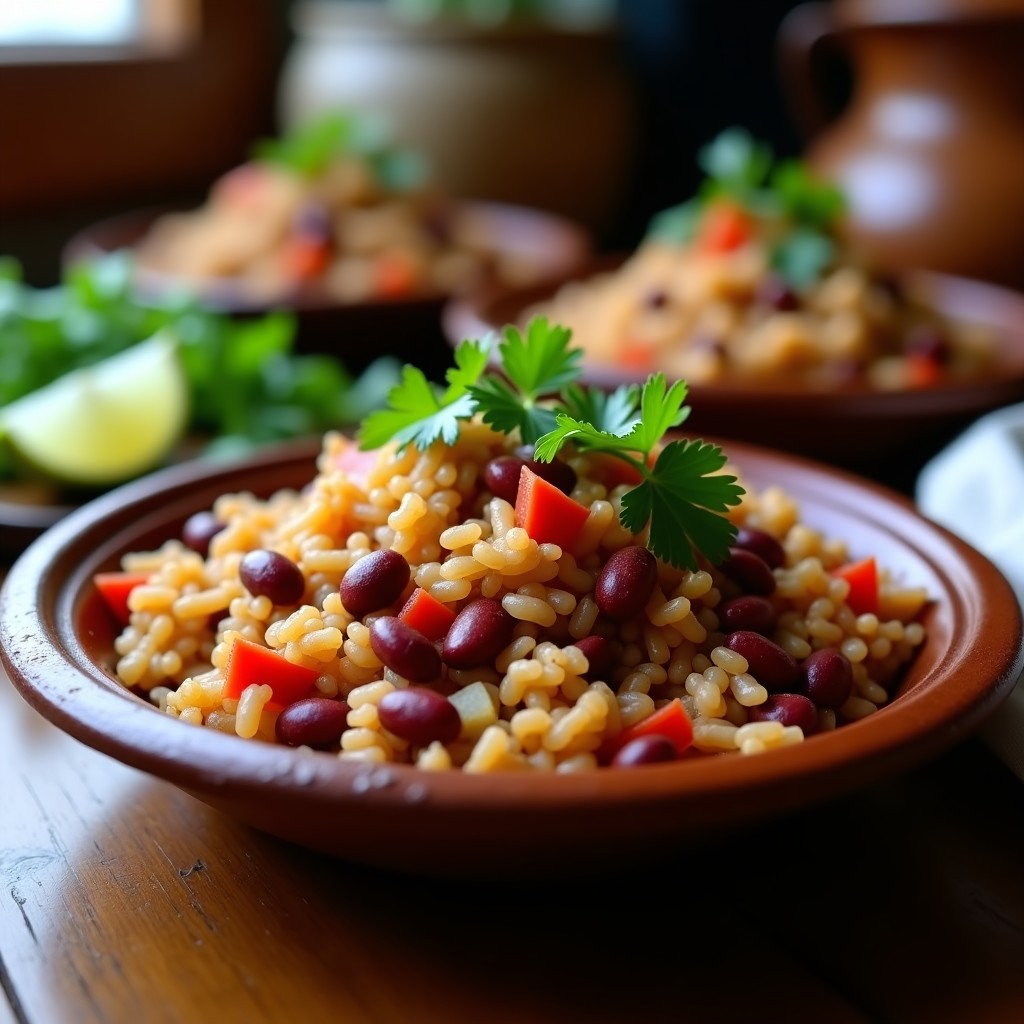 Plato de gallo pinto nicaragüense en ollas superpuestas, arroz y frijoles rojos mezclados con sofrito de cebolla, pimiento y ajo, decorado con cilantro fresco.