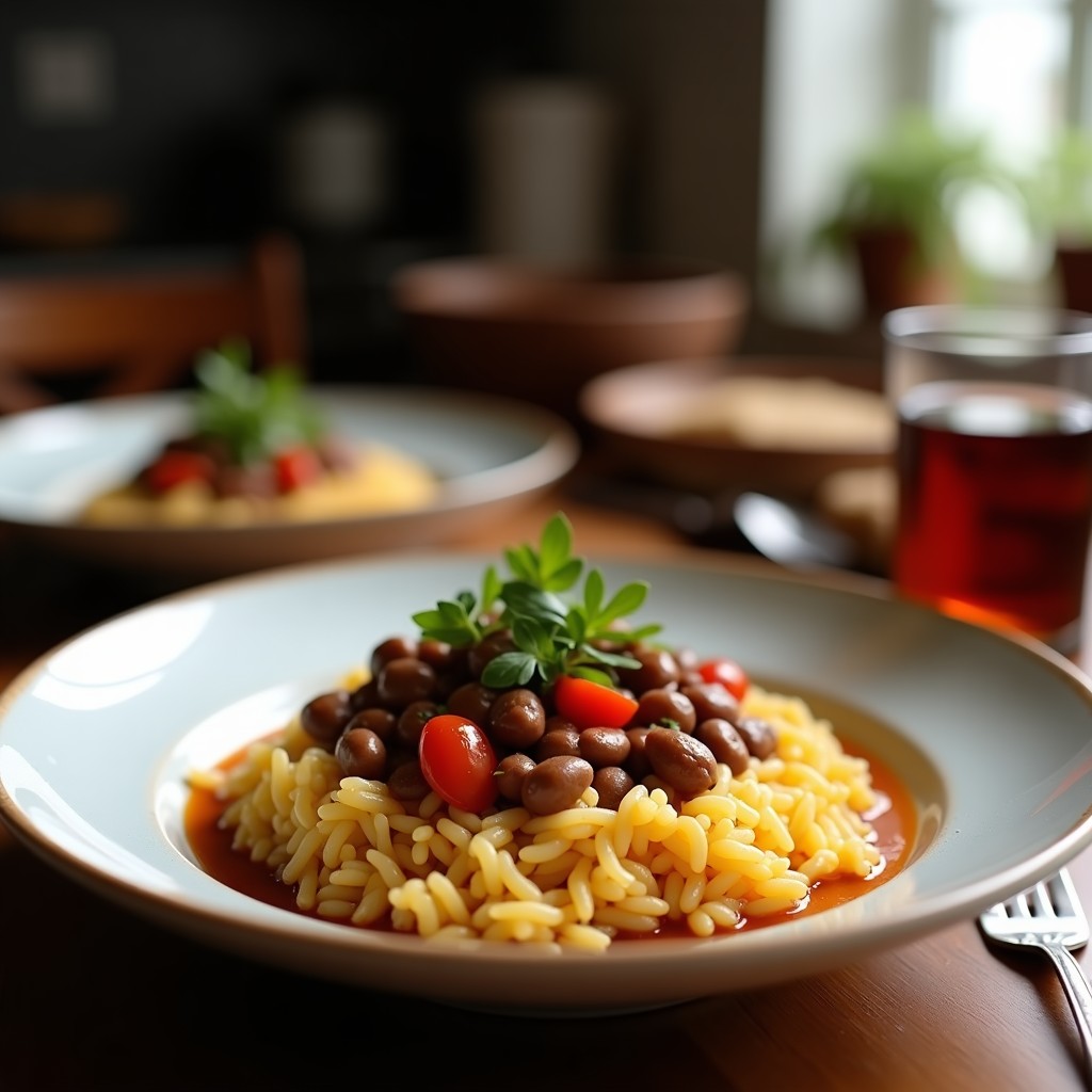 Plato hondo de barro con gallo pinto nicaragüense: mezcla de arroz blanco y frijoles rojos con trozos de cebolla, pimiento y cilantro fresco, servido con huevo frito y plátano maduro al lado.