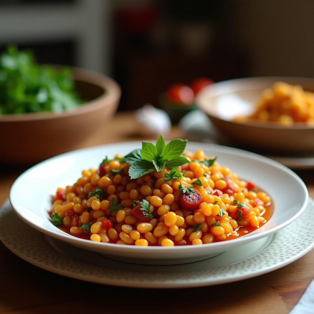 Plato hondo de barro con gallo pinto vegano nicaragüense, mezcla de arroz blanco y frijoles negros con proteína de soja, decorado con cilantro fresco y acompañado de rodajas de plátano maduro.