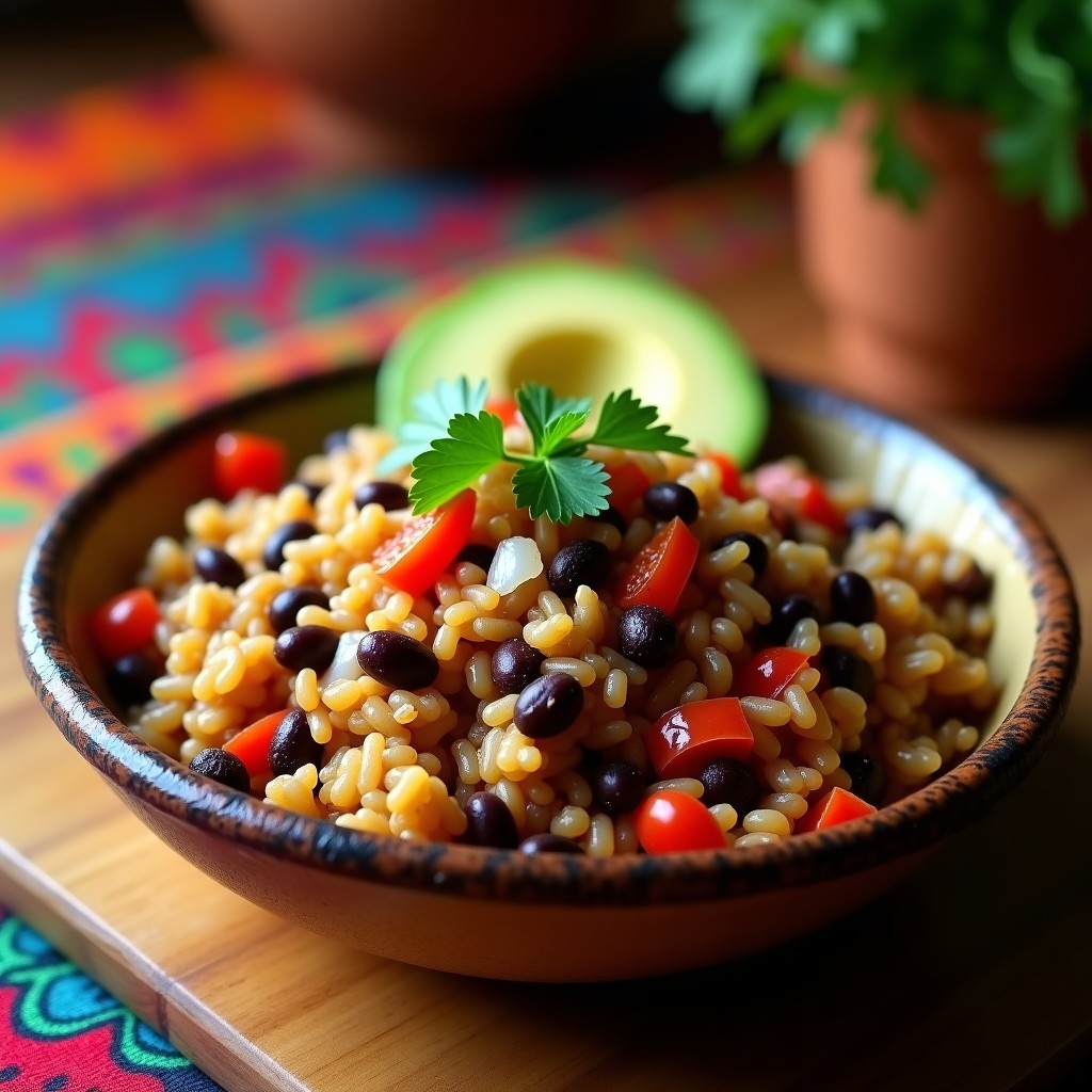 Plato hondo de barro con gallo pinto vegano en airfryer, mezcla de arroz integral y frijoles negros con cebolla morada, pimiento rojo y cilantro fresco, servido con rodajas de aguacate.