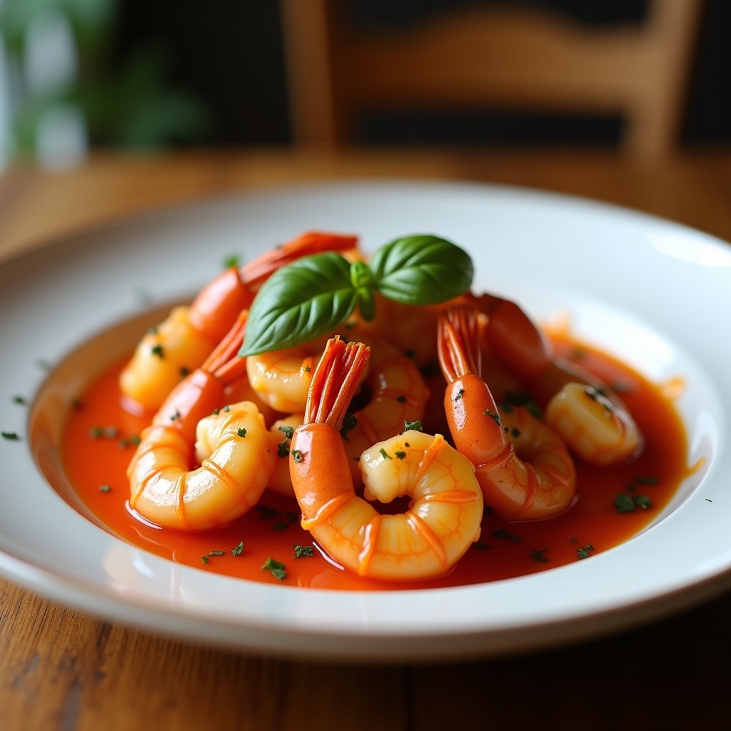 Plato blanco con gambas al ajo doradas y brillantes, espolvoreadas con perejil fresco y láminas de ajo crujientes, acompañadas de rodajas de limón y un toque de pimentón ahumado. Receta en airfryer.