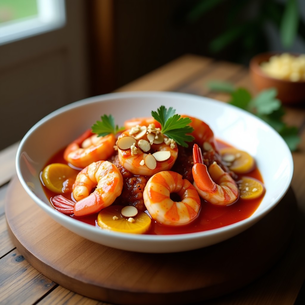 Plato hondo blanco con gambas rosadas salteadas bañadas en salsa mojo de jojo de color rojo intenso, acompañadas de rodajas doradas de plátano maduro y espolvoreadas con almendras fileteadas y perejil fresco.