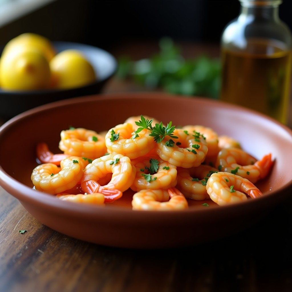Cazuela de barro con gambas al pil pil en airfryer, bañadas en salsa emulsionada de ajo y aceite de oliva, con perejil fresco y rodajas de limón.
