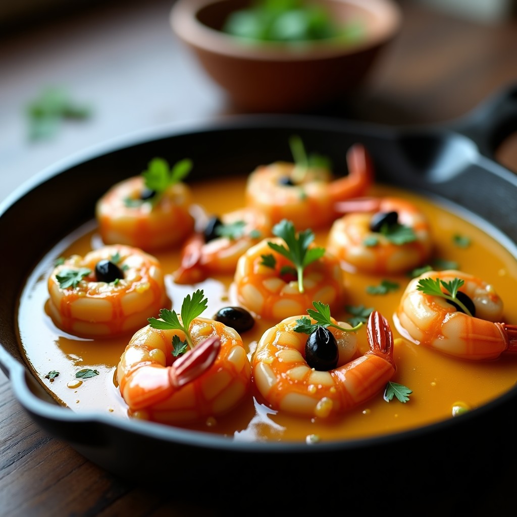 Sartén de hierro con gambas al pil pil y ajo negro, salsa cremosa y brillante, decorada con perejil fresco sobre fondo rústico de madera.