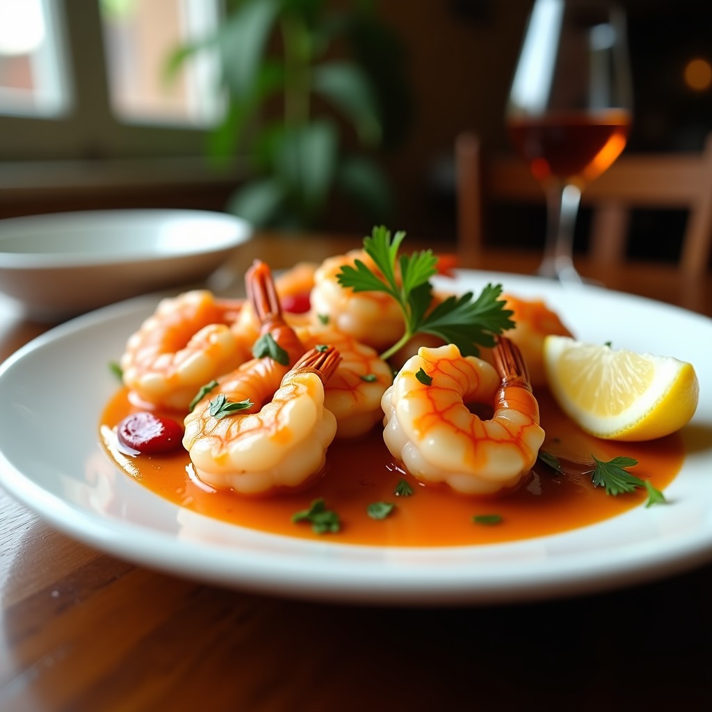 Plato blanco con gambas al pil-pil en airfryer, salsa cremosa emulsionada con ajo y guindilla, decoradas con perejil fresco y limón al lado.