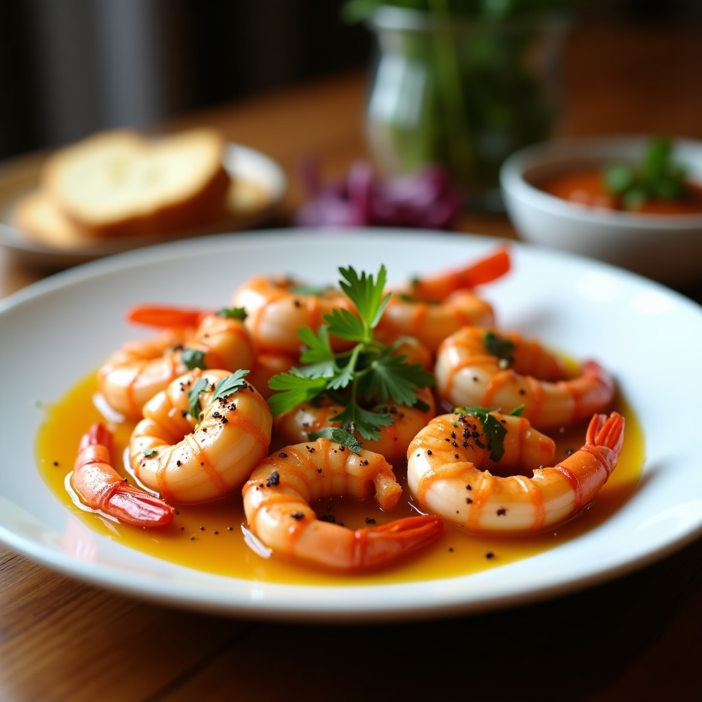 Plato blanco con gambas al pil pil bañadas en salsa cremosa dorada con trozos de ajo negro, guindilla y perejil fresco, servidas sobre fondo rústico de madera.