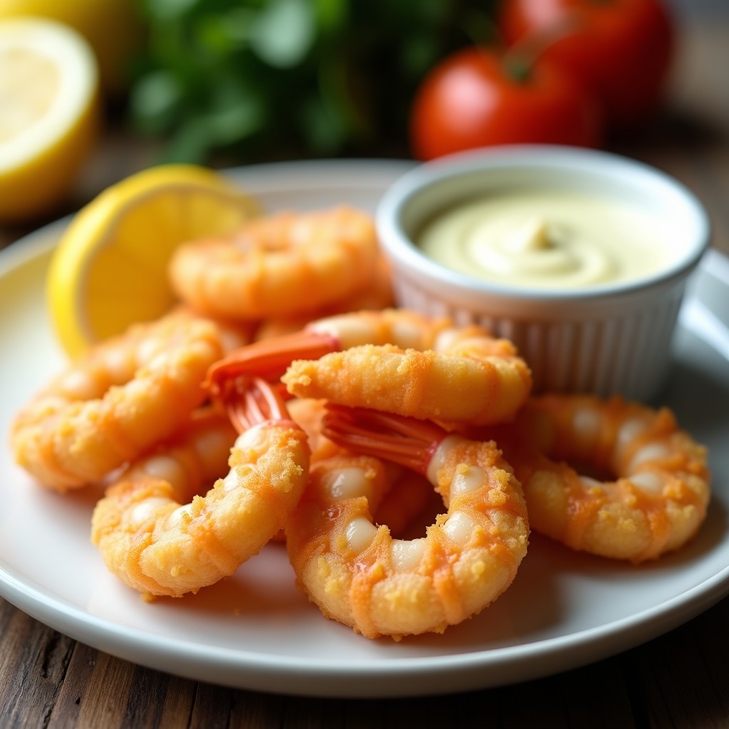 Gambas a la gabardina en Thermomix: plato blanco con gambas doradas y crujientes, rebozadas y servidas con rodajas de limón y salsa alioli al lado.