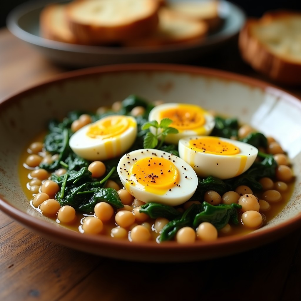 Plato hondo de barro con garbanzos estofados, espinacas verdes y huevo duro en cuartos, acompañado de pan tostado. Receta tradicional andaluza de garbanzos con espinacas y huevo.