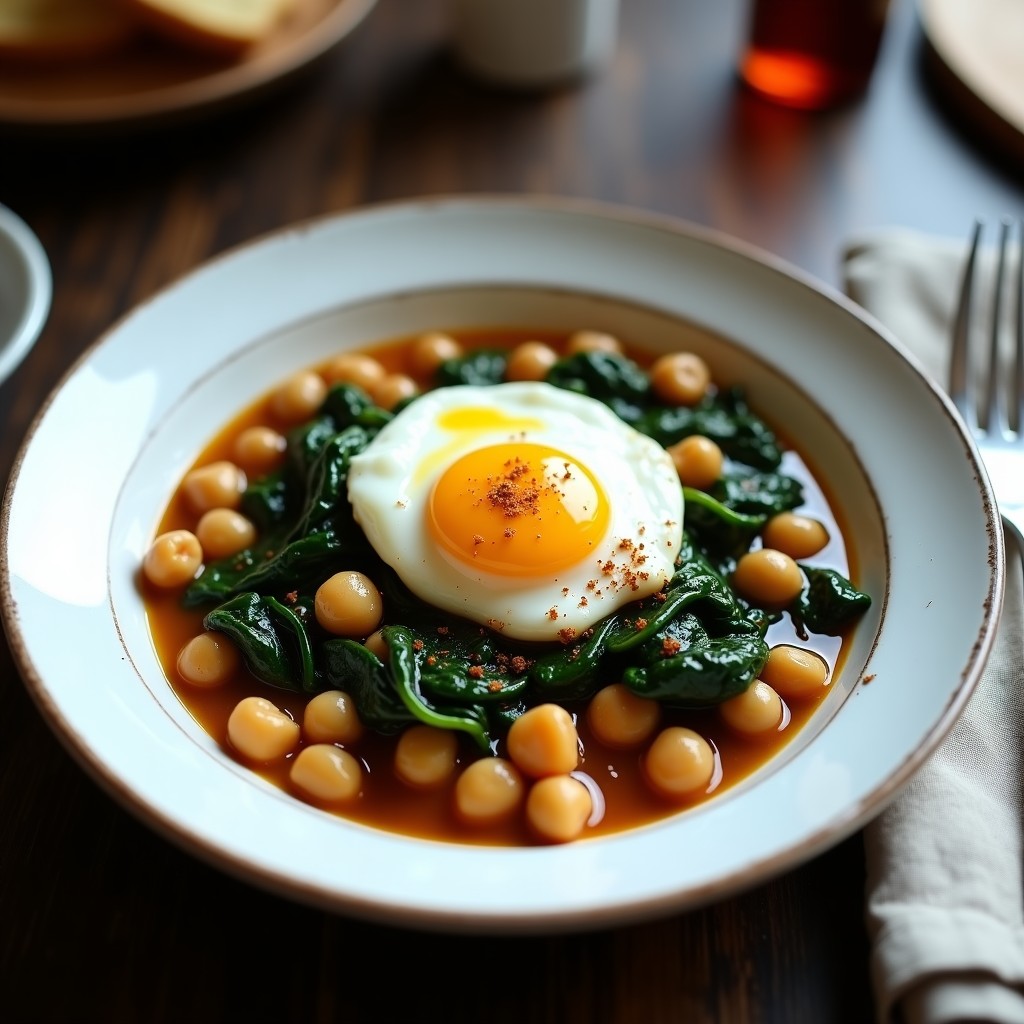 Garbanzos con espinacas y comino en un plato, lista para servir, receta fácil y rápida de 25 minutos