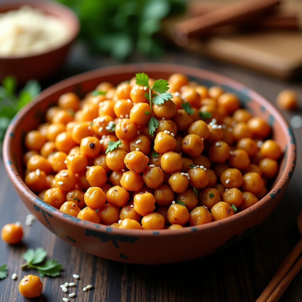 Garbanzos tostados dorados y crujientes en un bol de barro, espolvoreados con cilantro fresco y especias marroquíes como comino y pimentón ahumado. Receta de merienda saludable hecha en airfryer.