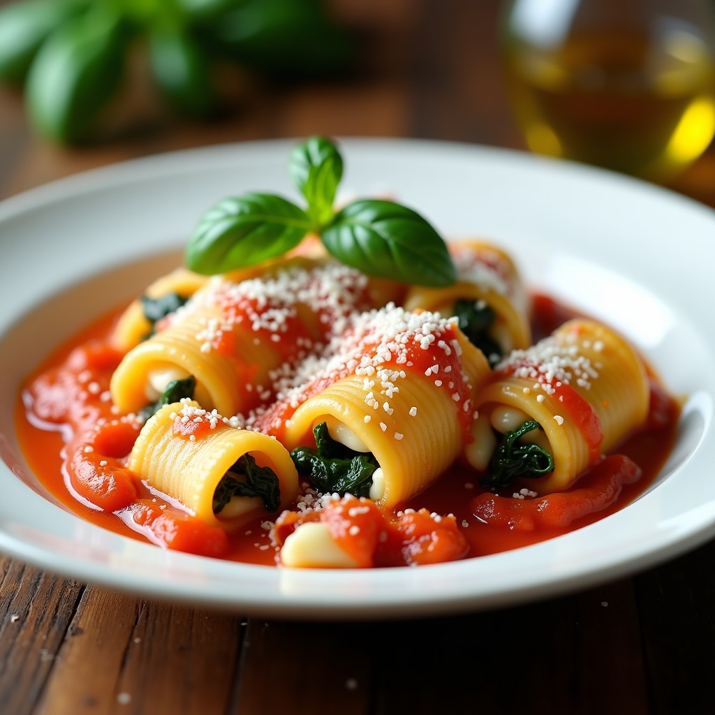 Plato blanco con garganelli caseros rellenos de espinacas y ricotta, bañados en salsa de tomate y espolvoreados con queso parmesano, receta italiana gourmet.