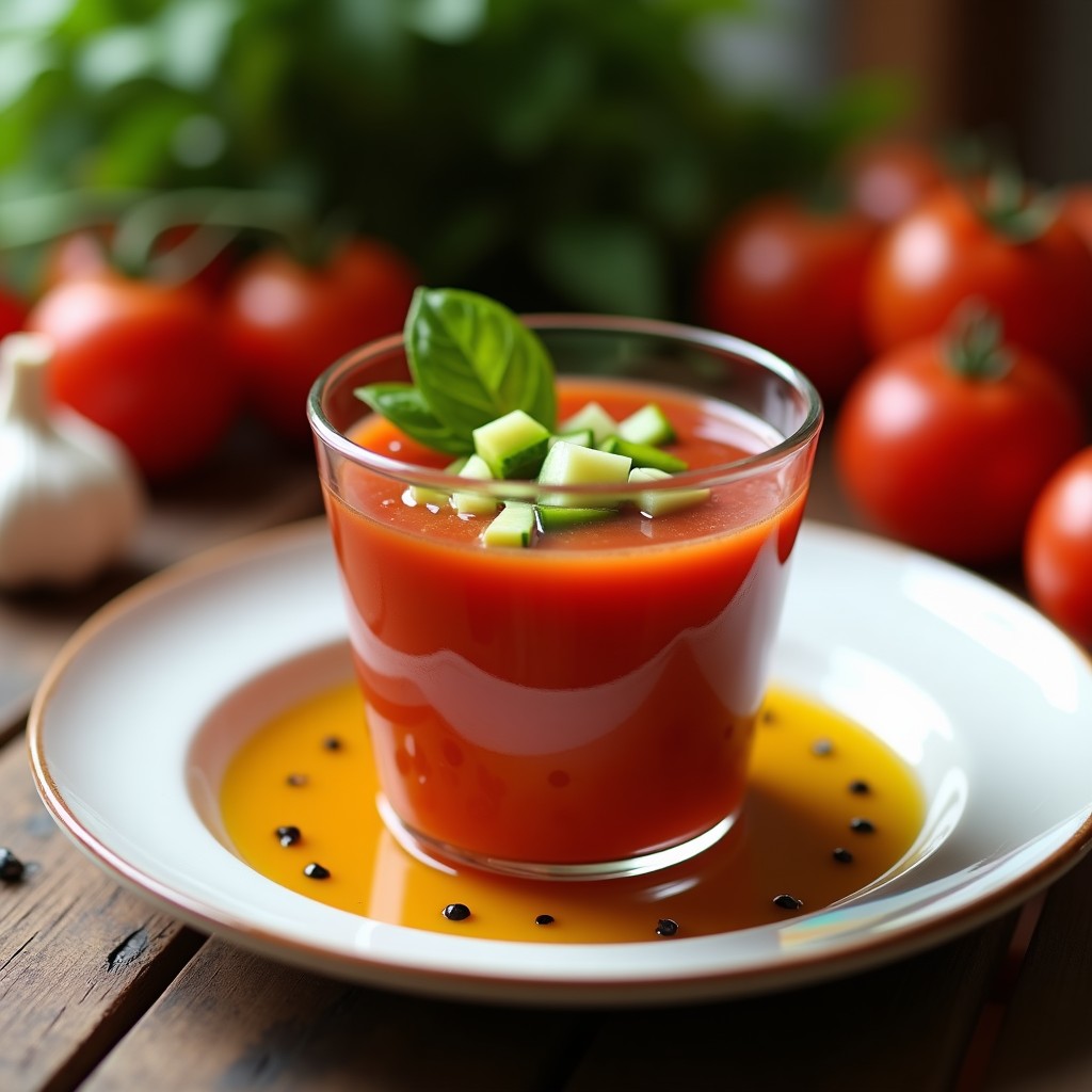 Copa de cristal transparente con gaspacho andaluz de color rojo intenso, decorado con trozos de pepino, pimiento verde y un hilo de aceite de oliva virgen extra, sobre fondo de madera rústica.