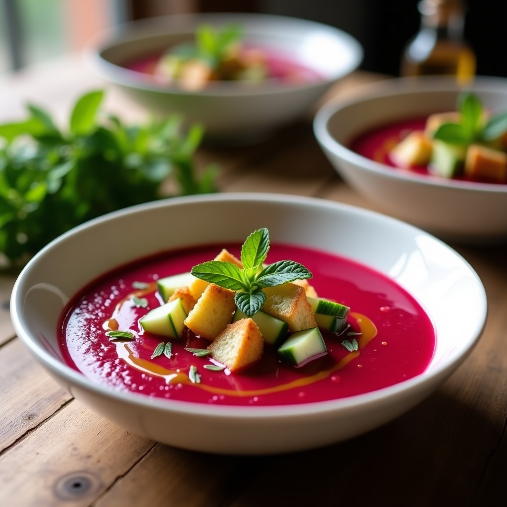 Cuenco de cerámica blanca con gaspacho andaluz de remolacha de color rojo intenso, decorado con cubos de pan crujiente dorado, trozos de pepino, pimiento verde y hojas de menta fresca. Fondo borroso con otros cuencos y hierbas aromáticas.