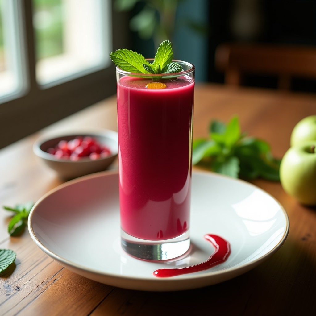 Copa de cristal transparente con gaspacho de remolacha y horchata, color fucsia intenso, decorado con hojas de menta y un hilo de aceite de oliva virgen extra sobre fondo rústico de madera con luz natural.