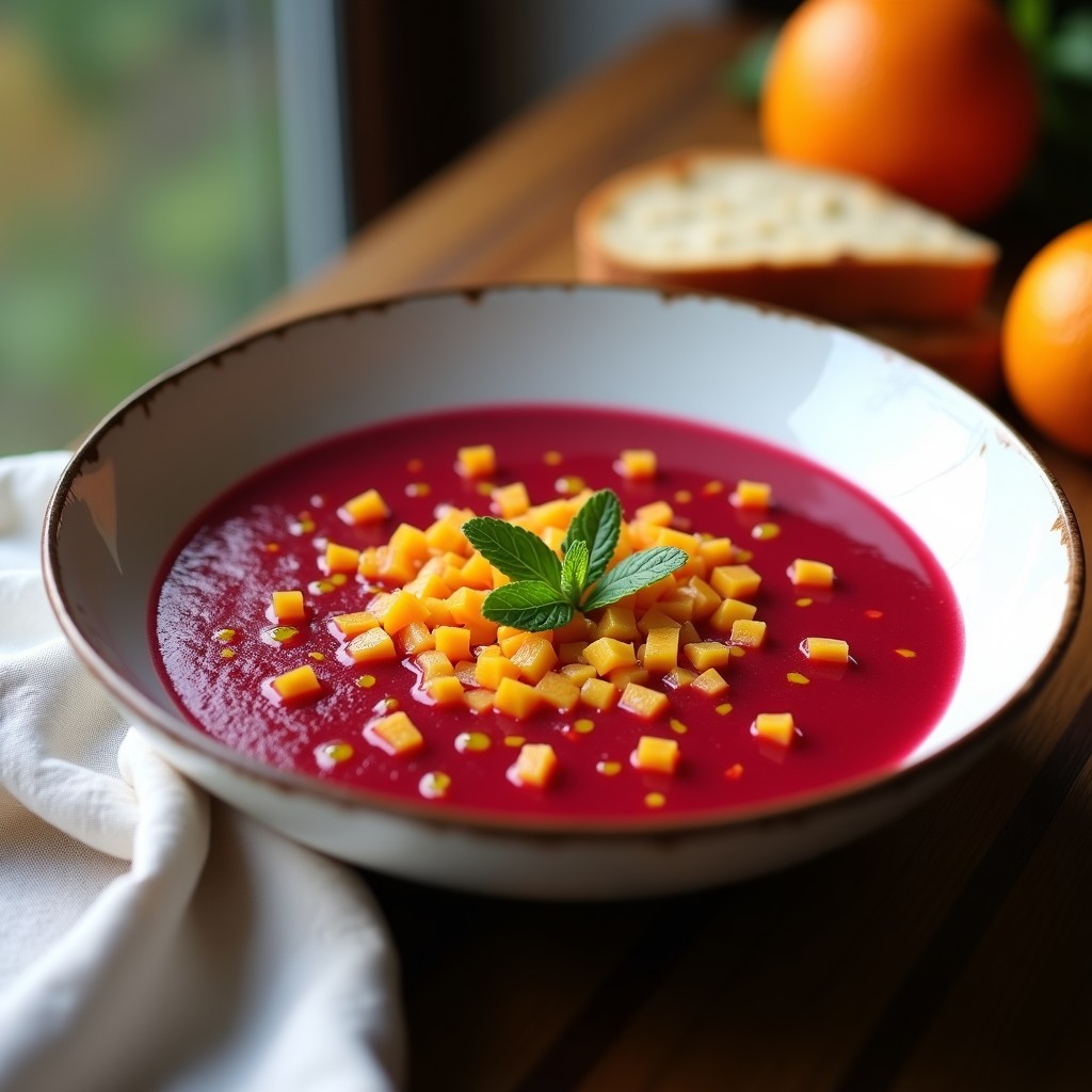 Cuenco de gaspacho andaluz de remolacha y naranja, con colores vibrantes morados y anaranjados, decorado con trozos de naranja y hojas de menta, servido frío en un plato rústico.