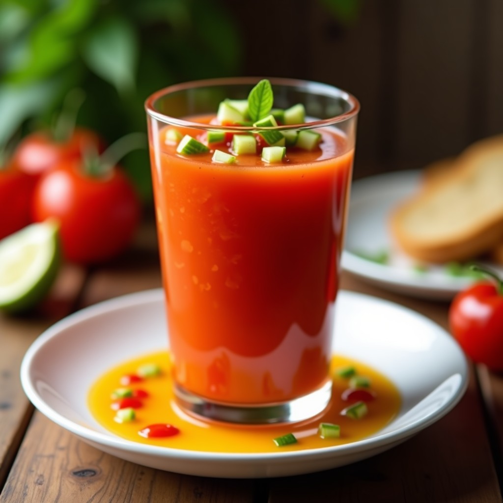 Vaso de cristal transparente lleno de gaspacho andaluz frío, con trocitos de pepino, pimiento rojo y un hilo de aceite de oliva virgen extra por encima. Fondo rústico con pan y tomates frescos de decoración. Receta tradicional sin cocinar.
