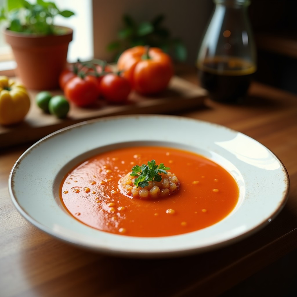 Copa de cristal transparente llena de gaspacho andaluz tradicional, con trozos de pepino, pimiento y cebolla picados encima, un hilo de aceite de oliva y hojas de albahaca fresca. Fondo rústico con tomates y pimientos enteros.