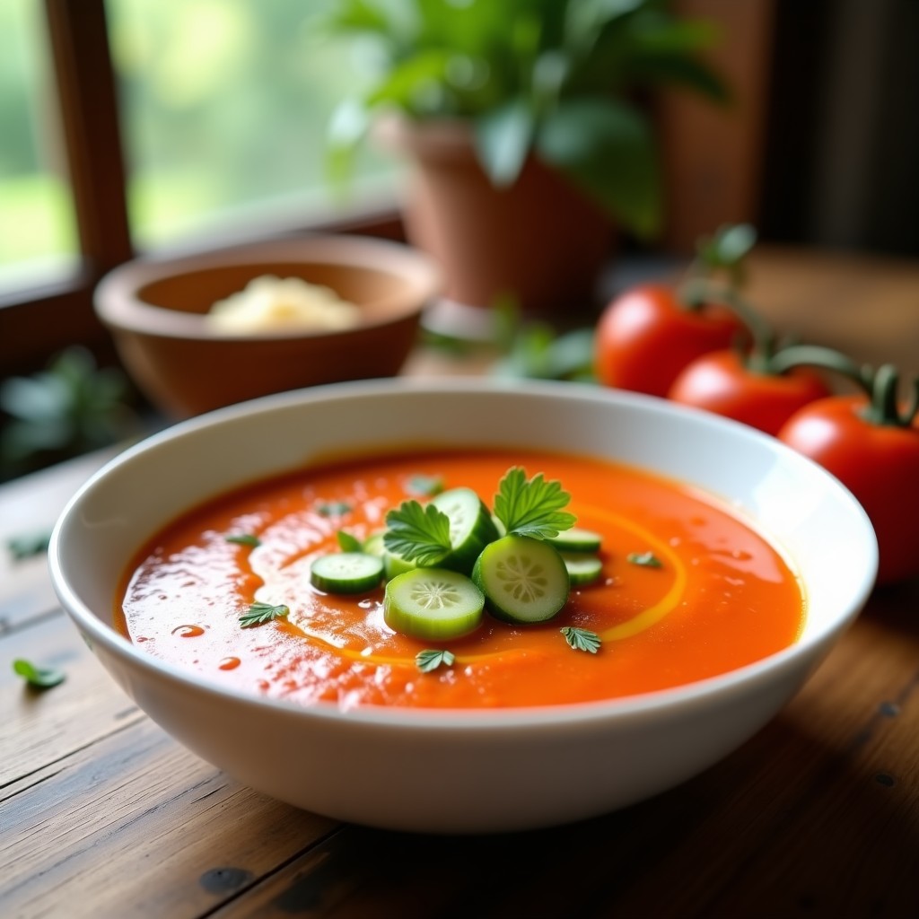 Cuenco de cerámica blanca lleno de gaspacho andaluz tradicional, con trozos de pepino, pimiento y aceite de oliva virgen extra por encima, sobre una mesa rústica de madera con fondo de jardín soleado.