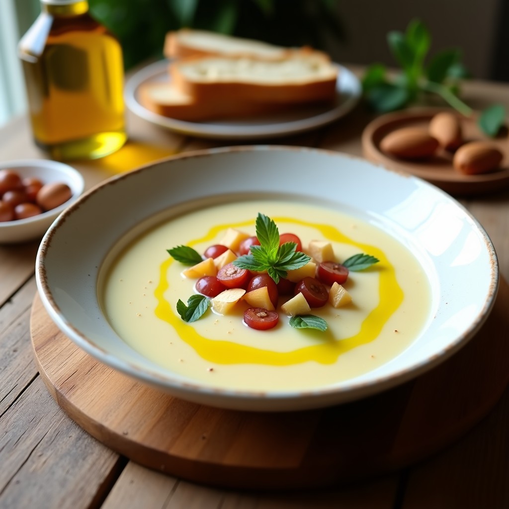 Cuenco de cerámica blanca con gaspacho blanco de Málaga, cremoso y frío, decorado con uvas moscatel troceadas y almendras fileteadas, con un hilo de aceite de oliva virgen extra. Fondo rústico con pan duro y almendras enteras.