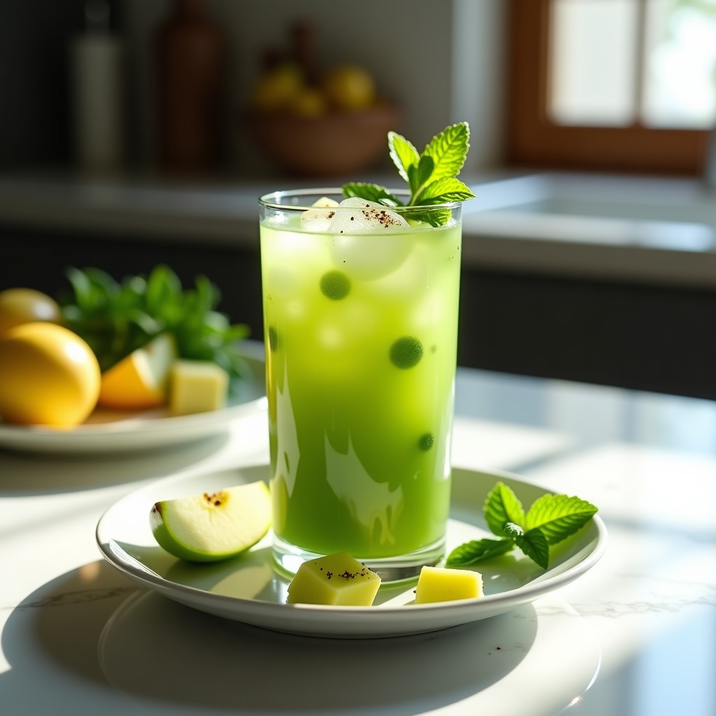 Copa de cristal alto con gaspacho de manzana y jengibre, decorado con cubos de manzana verde, hojas de menta y un toque de pimienta negra sobre fondo blanco.