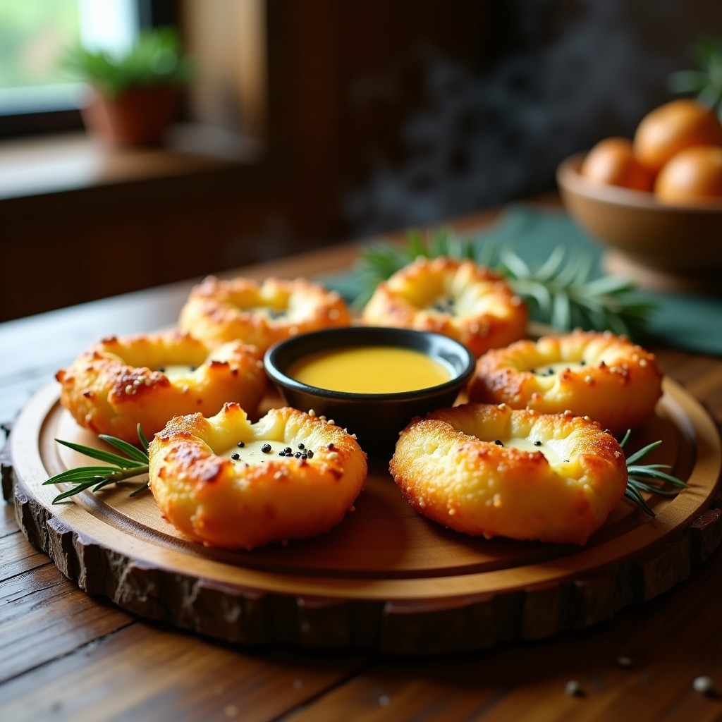 Gauchos dorados y crujientes rellenos de queso azul derretido, espolvoreados con semillas de sésamo, servidos en una tabla de madera rústica con hierbas frescas al lado.
