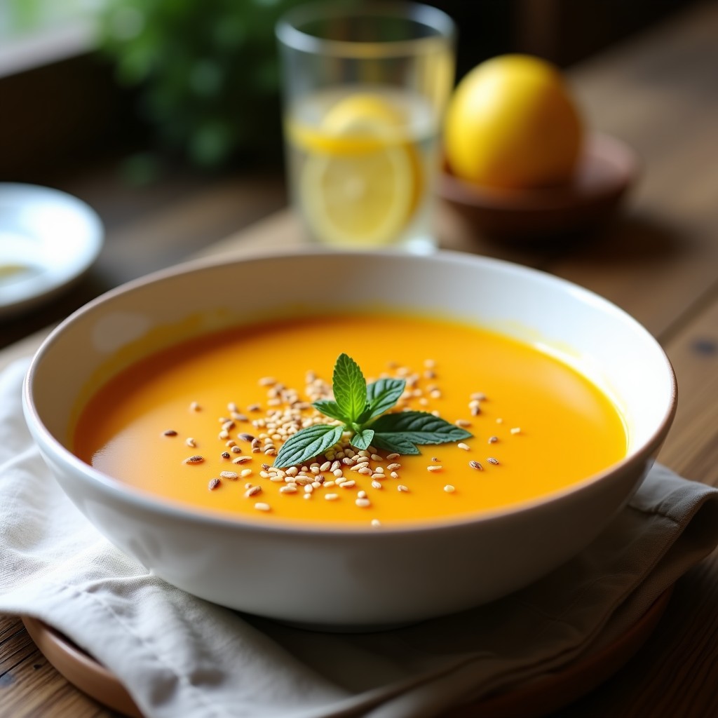 Gazpacho frío de lentejas rojas con cúrcuma en cuenco blanco, decorado con semillas de sésamo tostadas y hojas de menta, servido sobre mesa de madera.