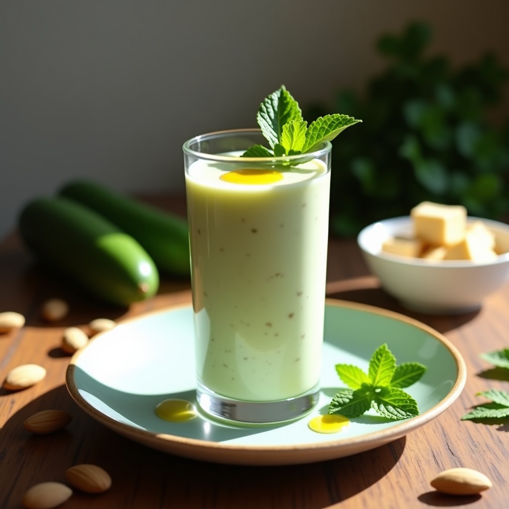 Vaso alto de gazpacho de almendras y tofu fresco, de color crema con vetas verdes, decorado con hojas de menta y un hilo de aceite de oliva. Fondo de mesa rústica con almendras y pepino al lado.