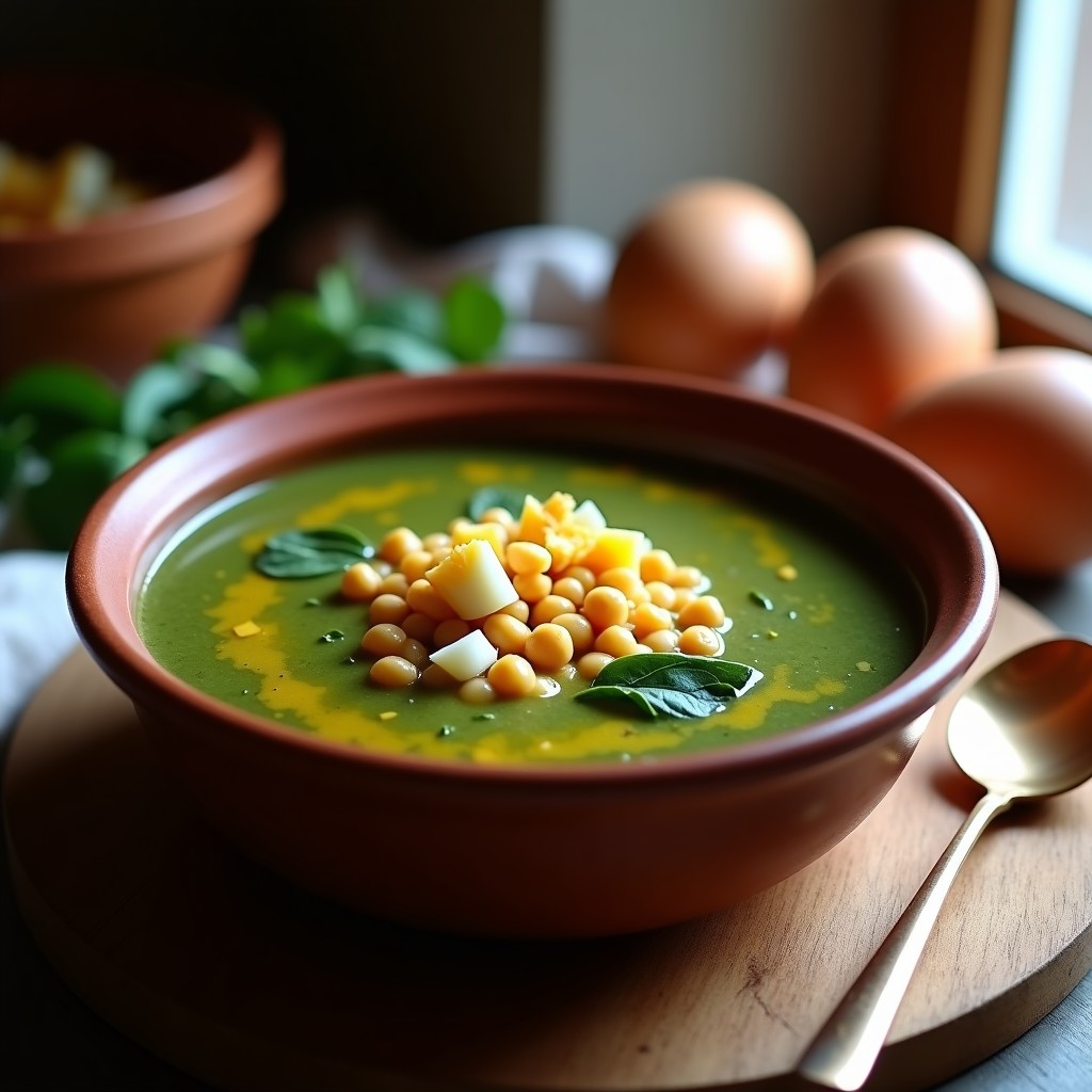 Cuenco hondo de barro con gazpacho de espinacas y garbanzos sevillano, espeso y verde oscuro, coronado con huevo duro picado y un hilo de aceite de oliva virgen extra sobre fondo rústico de madera.