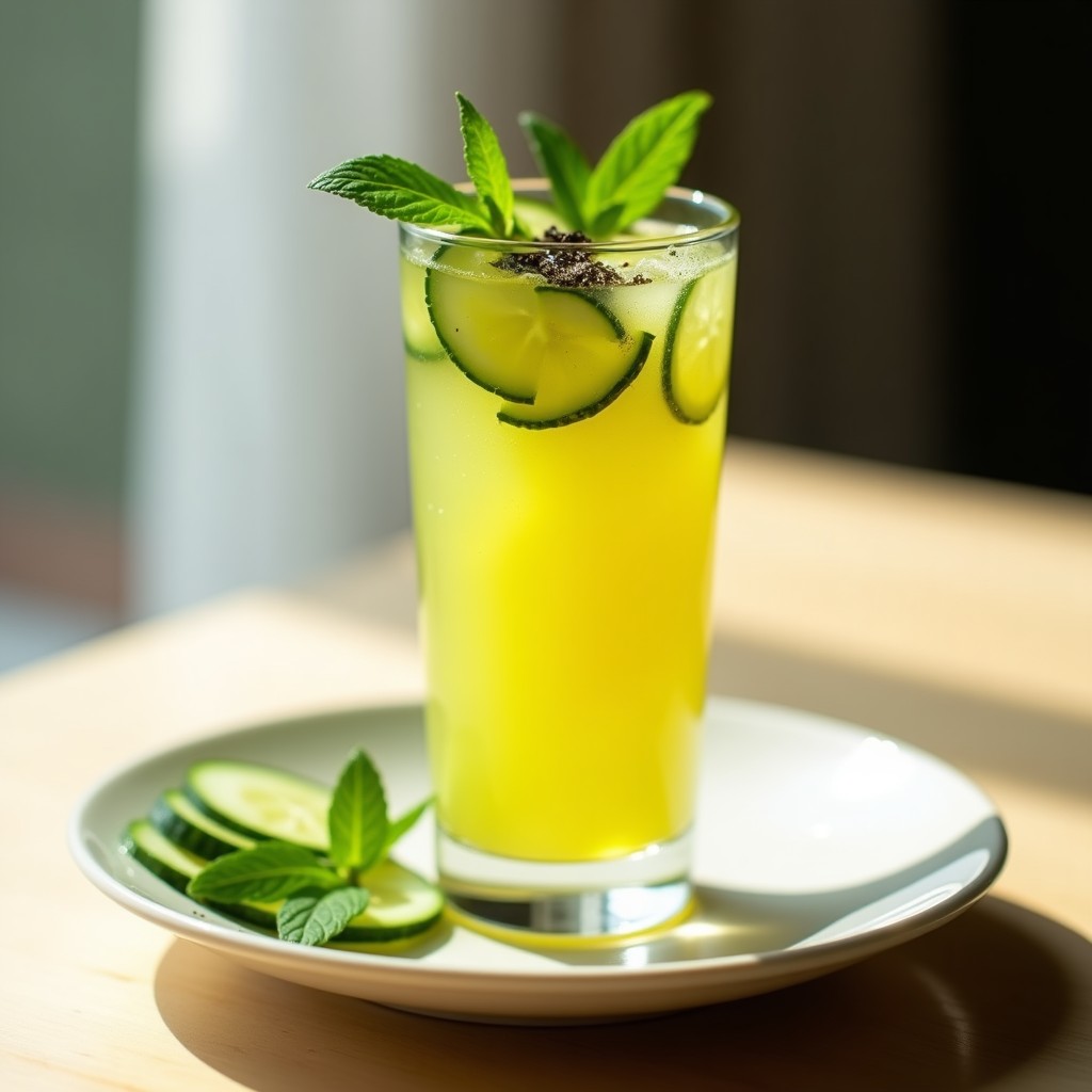 Vaso alto de cristal con gazpacho de limón y jengibre, decorado con rodajas de pepino, hojas de menta y algas nori en la superficie, sobre un fondo de madera clara.