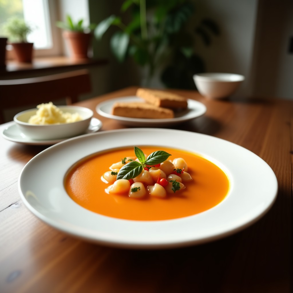 Vaso alto transparente con gazpacho de naranja sangre y cúrcuma, decorado con hojas de menta y rodajas de naranja, sobre fondo de madera rústica con luz natural.