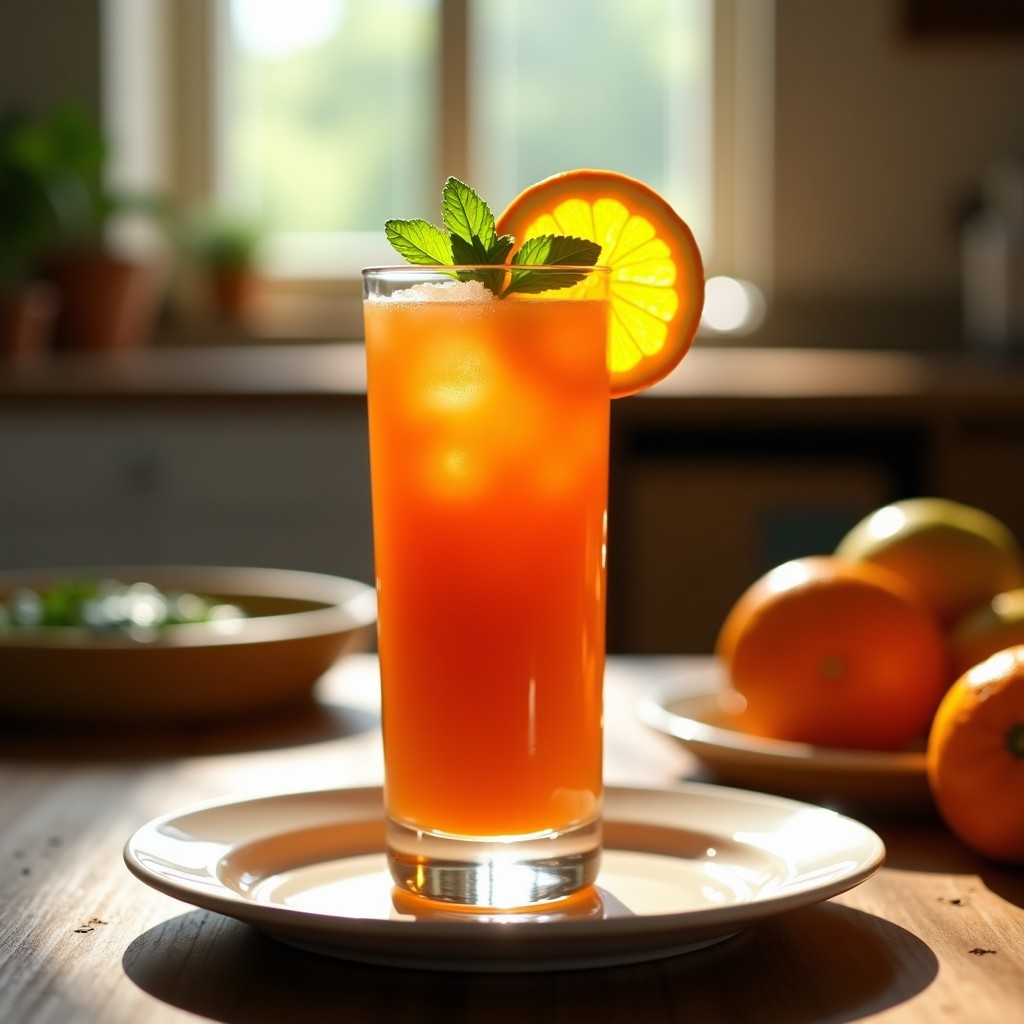 Vaso alto de cristal con gazpacho de naranja y jengibre, decorado con rodaja de naranja y hoja de menta, sobre fondo rústico de madera con luz natural.