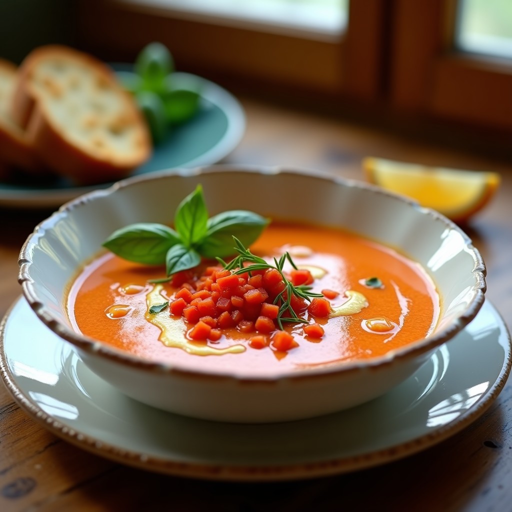 Cuenco de cerámica blanca con gazpacho de pimiento asado, decorado con trocitos de pimiento rojo, un hilo de aceite de oliva virgen extra y hojas de albahaca fresca. Fondo rústico con pan sin gluten tostado.