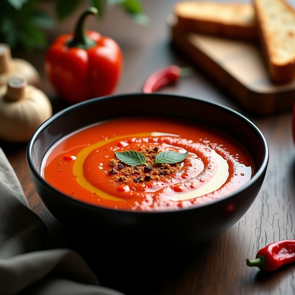 Cuenco de cerámica negra con gazpacho de pimiento choricero vegano, espolvoreado con pimentón ahumado y decorado con un hilo de aceite de oliva. Fondo con setas shiitake frescas y pimientos choriceros secos.