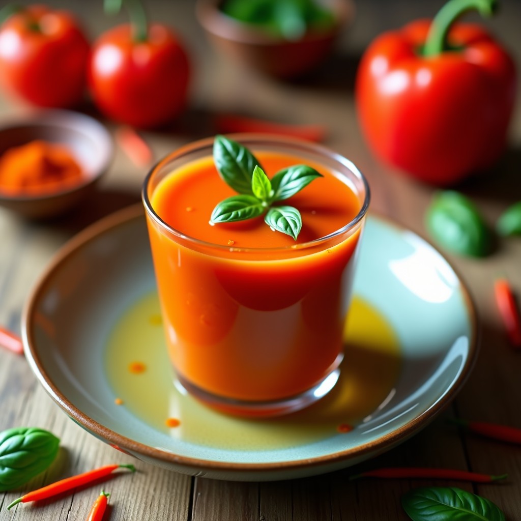 Gazpacho vegano de pimentón ahumado servido en copa de cristal con hojas de albahaca y hilo de aceite de oliva, fondo rústico de madera.