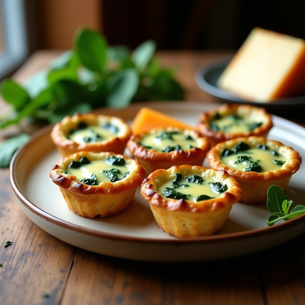 Tartaletas individuales de gazpacho de pastel vasco salado con relleno cremoso de espinacas y queso Idiazábal, horneadas hasta dorar, servidas en plato rústico de cerámica.