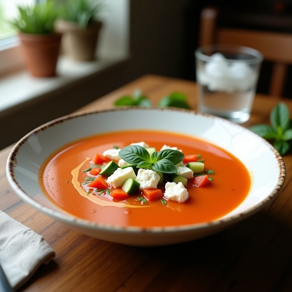 Cuenco de gazpacho andaluz frío con trozos de tomate, pepino y pimiento, coronado con queso de cabra desmenuzado y un hilo de aceite de oliva.