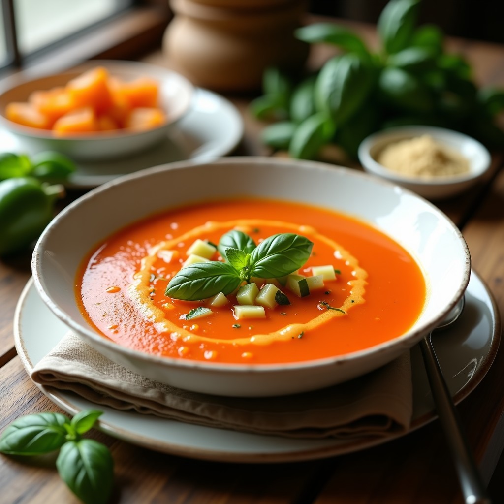 Cuenco de gazpacho andaluz frío con vinagreta de naranja, decorado con albahaca fresca y trozos de pepino, sobre una mesa rústica de madera con fondo de luz natural veraniega.